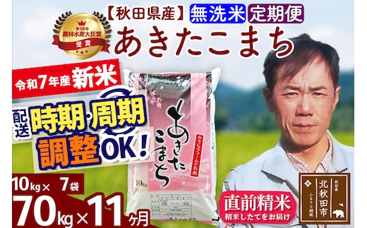 ※令和7年産 新米※《定期便11ヶ月》秋田県産 あきたこまち 70kg【無洗米】(10kg袋) 2025年産 お届け時期選べる お届け周期調整可能 隔月に調整OK お米 みそらファーム