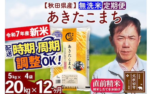 ※令和7年産 新米※《定期便12ヶ月》秋田県産 あきたこまち 20kg【無洗米】(5kg小分け袋) 2025年産 お届け時期選べる お届け周期調整可能 隔月に調整OK お米 みそらファーム