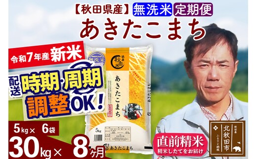 ※令和7年産 新米※《定期便8ヶ月》秋田県産 あきたこまち 30kg【無洗米】(5kg小分け袋) 2025年産 お届け時期選べる お届け周期調整可能 隔月に調整OK お米 みそらファーム