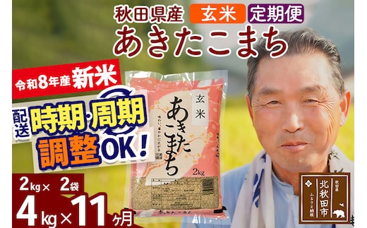 新米★令和8年産 《定期便11ヶ月》秋田県産 あきたこまち 4kg【玄米】(2kg小分け袋) 2026年産 お届け時期選べる お届け周期調整可能 隔月に調整OK お米 おおもり [おおもり 秋田 お米 あきたこまち 米どころ 東北 北秋田市 定期便 毎月お届け]
