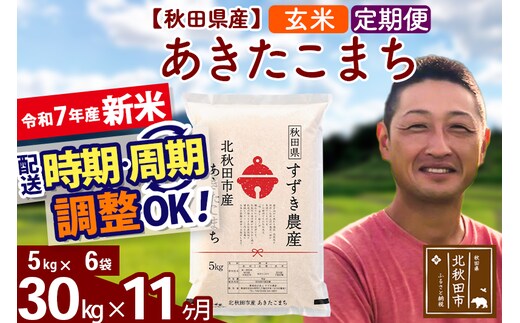※令和7年産 新米※《定期便11ヶ月》秋田県産 あきたこまち 30kg【玄米】(5kg小分け袋) 2025年産 お届け時期選べる お届け周期調整可能 隔月に調整OK お米 すずき農産