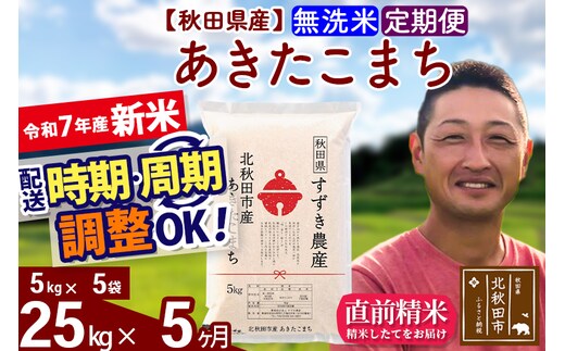 ※令和7年産 新米※《定期便5ヶ月》秋田県産 あきたこまち 25kg【無洗米】(5kg小分け袋) 2025年産 お届け時期選べる お届け周期調整可能 隔月に調整OK お米 すずき農産