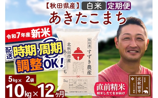 ※令和7年産 新米※《定期便12ヶ月》秋田県産 あきたこまち 10kg【白米】(5kg小分け袋) 2025年産 お届け時期選べる お届け周期調整可能 隔月に調整OK お米 すずき農産