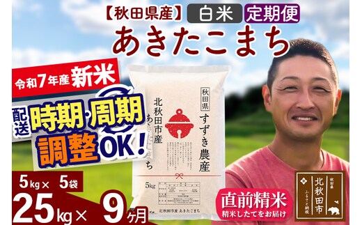 ※令和7年産 新米※《定期便9ヶ月》秋田県産 あきたこまち 25kg【白米】(5kg小分け袋) 2025年産 お届け時期選べる お届け周期調整可能 隔月に調整OK お米 すずき農産