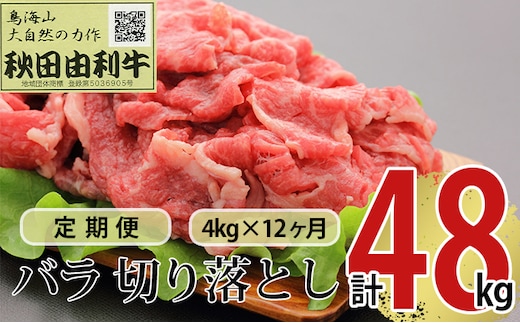 《定期便》12ヶ月連続 秋田由利牛 バラ切り落とし 4kg（1kg×4パック）