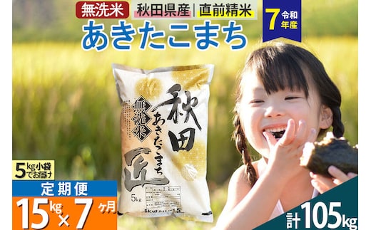 【無洗米】＜令和7年産＞《定期便7ヶ月》秋田県産 あきたこまち 15kg (5kg×3袋) ×7回 15キロ お米 匠