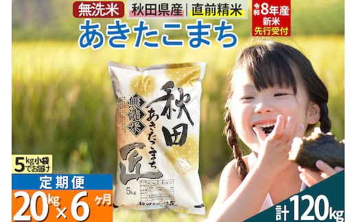 【無洗米】＜令和8年産 新米予約＞《定期便6ヶ月》秋田県産 あきたこまち 20kg (5kg×4袋) ×6回 20キロ お米 匠