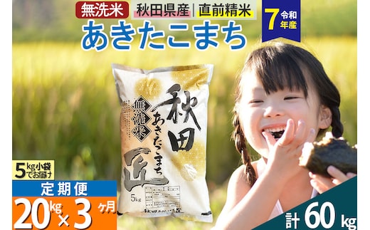 【無洗米】＜令和7年産＞《定期便3ヶ月》秋田県産 あきたこまち 匠 20kg (5kg×4袋) ×3回 20キロ お米