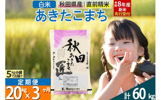 【白米】＜令和8年産 新米予約＞ 《定期便3ヶ月》秋田県産 あきたこまち 20kg (5kg×4袋)×3回 20キロ お米 匠