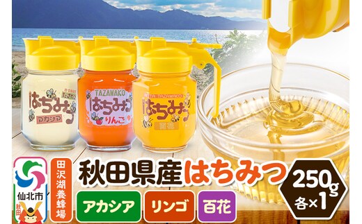 秋田県産はちみつ（アカシア・リンゴ・百花）250g×各1本 化粧箱入り 詰め合わせセット 田沢湖養蜂場