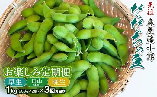 【令和8年産先行予約】”元祖”森屋藤十郎の白山産だだちゃ豆 お楽しみ定期便3回「早生・白山(本豆)・晩生」各1kg（500g×2袋） 鶴岡特産 K-831