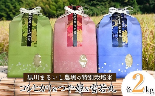 【令和7年産】【新米】 黒川まるいし農場の特別栽培米 コシヒカリ・つや姫・雪若丸 各2kg 山形県鶴岡市産 K-761