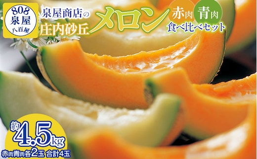 【令和8年産先行予約】泉屋商店の庄内砂丘メロン 赤肉・青肉 食べ比べセット 4玉入 (約4.5kg) K-839
