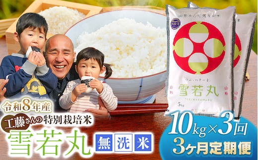 【令和8年産先行予約】【3ヶ月定期便】工藤さんの特別栽培米 雪若丸 無洗米 10kg（5kg×2袋）×3回（計30kg） 山形県鶴岡市 株式会社サンエイファーム | 無洗米 ゆきわかまる 米どころ 庄内米 ブランド米 コメ こめ ご飯 ごはん 美味しい お取り寄せ 農家直送 東北 国産 おすすめ 人気 返礼品 令和8年産 新米 予約