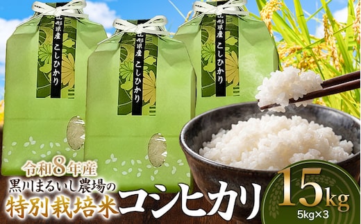 【令和8年産 新米】 黒川まるいし農場の特別栽培米 コシヒカリ 15kg(5kg×3袋) 山形県鶴岡市産 K-8111 | こしひかり 米どころ 庄内米 ブランド米 米 コメ こめ 精米 ご飯 ごはん 美味しい お取り寄せ 農家直送 東北 国産 おすすめ 人気 返礼品 2026年産