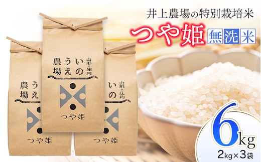【令和7年産】 井上農場の特別栽培米 つや姫 無洗米 6kg（2kg×3袋） K-756 山形県鶴岡市