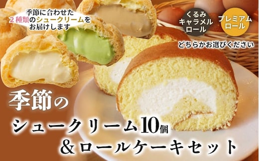 季節のシュークリーム10個(2種×各5個) とロールケーキセット K-636