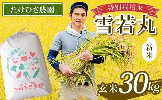 【令和8年産 新米 先行予約】 特別栽培米 雪若丸 (玄米) 30kg 《令和8年9月中旬～発送》 『たけひさ農園』 山形南陽産 米 ご飯 農家直送 山形県 南陽市 [2367-R8]