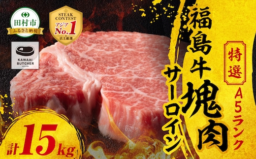 【 厳選 福島牛 A5 】塊肉 サーロイン 15kg スパイス付き ブロック肉 ステーキ BBQ ローストビーフ チャンピオンスパイス 高級肉 冷凍 保存 肉 牛肉 焼肉 贈答 ギフト プレゼント 人気 ランキング おすすめ グルメ イチオシ 福島県 福島 ふくしま 田村 田村市 たむら 川合精肉店 N009-004