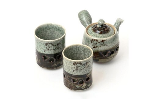 大堀相馬焼 松永窯 茶器揃えセット(二重急須・夫婦二重湯呑み) 【07461-0113】