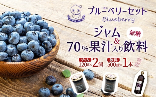 ブルーベリー70%果汁入り飲料（無糖）170ml×1本とジャム120g×2本セット【福島県三春町 かおるブルーベリー園産使用】 【07521-0151】