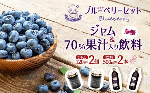 ブルーベリー70%果汁入り飲料（無糖）500ml×2本とジャム120g×2本セット【福島県三春町 かおるブルーベリー園産使用】 【07521-0153】