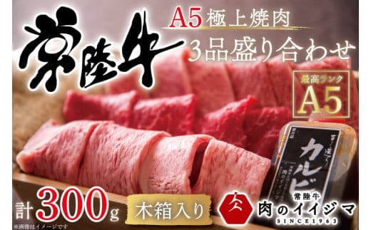 肉 常陸牛A5 極上焼肉3品盛り合わせ 計300g＜木箱入り・特製タレ付き＞ 敬老の日 黒毛和牛 内祝い お祝い プレゼント 誕生日 食べ物 ギフト対応 茨城県 水戸市【肉のイイジマ】（DU-32）
