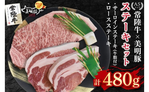 【常陸牛 A5ランク・美明豚ステーキセット】常陸牛サーロインステーキ200g＋美明豚ロースステーキ280g（140g×２枚） 冷凍 国産牛 和牛 牛肉 豚肉 ブランド豚 茨城県 水戸市 食べ比べ セット商品 国産 15000円 老舗精肉店 EK-18