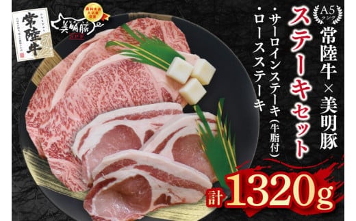 【常陸牛 A5ランク・美明豚ステーキセット】常陸牛サーロインステーキ900g（300g×３枚）＋美明豚ロースステーキ420g（140g×３枚） 冷凍 国産牛 和牛 牛肉 豚肉 ブランド豚 茨城県 水戸市 食べ比べ セット商品 国産 50000円 老舗精肉店 EK-21