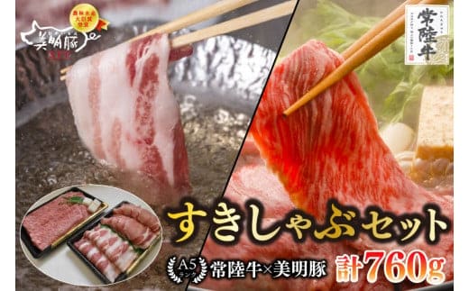 【常陸牛 A5ランク・美明豚すきしゃぶセット】常陸牛肩ロースすき焼き用360g＋美明豚しゃぶしゃぶ用400g（ロース200g・ばら200g） 冷凍 国産牛 和牛 牛肉 豚肉 ブランド豚 茨城県 水戸市 食べ比べ セット商品 国産 20000円以内 老舗精肉店 EK-32