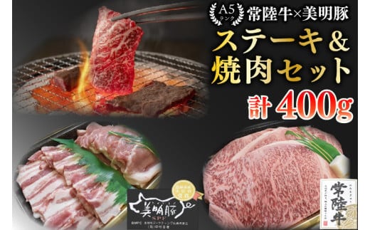 【常陸牛 A5ランク・美明豚ステーキ焼肉セット】常陸牛サーロイン200g＋美明豚200g（ロース100g・ばら100g） 冷凍 国産牛 和牛 牛肉 豚肉 ブランド豚 茨城県 水戸市 食べ比べ セット商品 国産 BBQ 15000円以内 老舗精肉店 EK-34