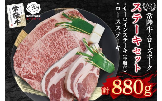 【常陸牛 A5ランク・ローズポークステーキセット】常陸牛サーロインステーキ600g（300g×２枚）＋ローズポークロースステーキ280g（140g×２枚） 冷凍 国産牛 和牛 牛肉 豚肉 ブランド豚 茨城県 水戸市 食べ比べ セット商品 国産 35000円以内 老舗精肉店 EK-45