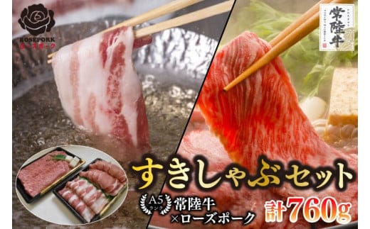【常陸牛 A5ランク・ローズポークすきしゃぶセット】常陸牛肩ロースすき焼き用360g＋ローズポークしゃぶしゃぶ用400g（ロース200g・ばら200g） 冷凍 国産牛 和牛 牛肉 豚肉 ブランド豚 茨城県 水戸市 食べ比べ セット商品 国産 20000円以内 老舗精肉店 EK-57