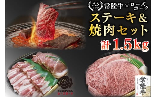【常陸牛 A5ランク・ローズポークステーキ焼肉セット】常陸牛サーロイン900g（300g×３枚）＋ローズポーク600g（ロース300g・ばら300g） 冷凍 国産牛 和牛 牛肉 豚肉 ブランド豚 茨城県 水戸市 食べ比べ セット商品 国産 BBQ 老舗精肉店 EK-61