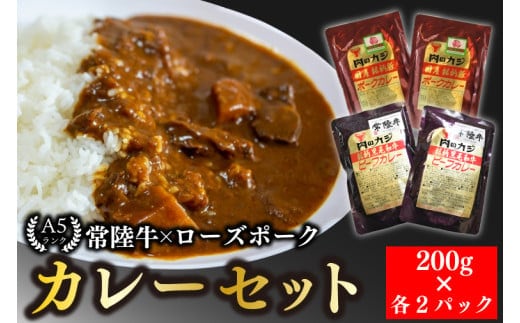 【常陸牛 A5ランク】カレー２パック＋【ローズポーク】カレー２パック 国産牛 和牛 牛肉 豚肉 ブランド豚 茨城県 水戸市 レトルト 食品 食べ比べ セット商品 国産 10000円以内 老舗精肉店 EK-62