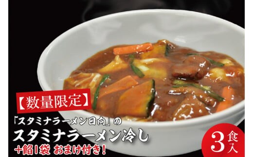 【日時指定必須】「スタミナラーメン日向」のスタミナラーメン冷し（３食入り）【数量限定】+餡１袋 おまけ付き！【ラーメン 麺 スタミナ 冷やし ラーメン ご当地ラーメン ご当地グルメ 茨城県 水戸市】（FF-8）