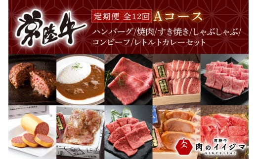 【定期便 全12回】 高級肉 常陸牛 12ヶ月 定期便 Aコース 148000円 毎月 常陸牛ハンバーグ 焼肉 すき焼き しゃぶしゃぶ コンビーフ レトルトカレー ギフト セット 肉 ギフト対応 【肉のイイジマ】（DU-111）