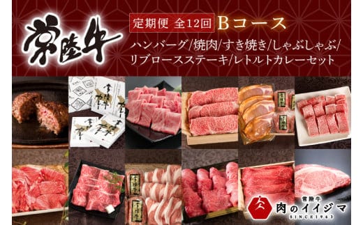 【定期便 全12回】 常陸牛 12ヶ月 定期便 Bコース 食べ物 肉 ハンバーグ 焼肉 すき焼き しゃぶしゃぶ リブロース ステーキ レトルトカレー ふるさと納税 定期便 ギフト対応（DU-112）
