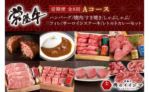 【定期便 全8回】 常陸牛 8ヶ月 定期便 Aコース 肉 ハンバーグ 焼肉 すき焼き しゃぶしゃぶ フィレ サーロイン ステーキ レトルト 常陸牛カレー ビーフカレー ギフト対応 【肉のイイジマ】（DU-114）