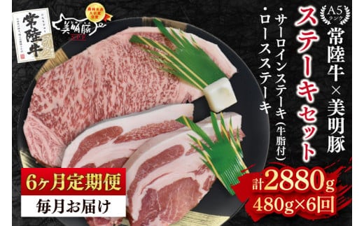 【6ヶ月定期便】【常陸牛 A5ランク・美明豚ステーキセット】常陸牛サーロインステーキ200g＋美明豚ロースステーキ280g（140g×２枚） 冷凍 国産牛 和牛 牛肉 豚肉 ブランド豚 茨城県 水戸市 食べ比べ セット商品 国産 老舗精肉店 (EK-18_2)