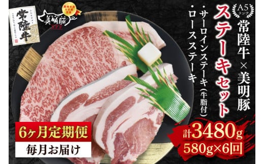 【6ヶ月定期便】【常陸牛 A5ランク・美明豚ステーキセット】常陸牛サーロインステーキ300g＋美明豚ロースステーキ280g（140g×２枚） 冷凍 国産牛 和牛 牛肉 豚肉 ブランド豚 茨城県 水戸市 食べ比べ セット商品 国産 老舗精肉店 (EK-19_2)