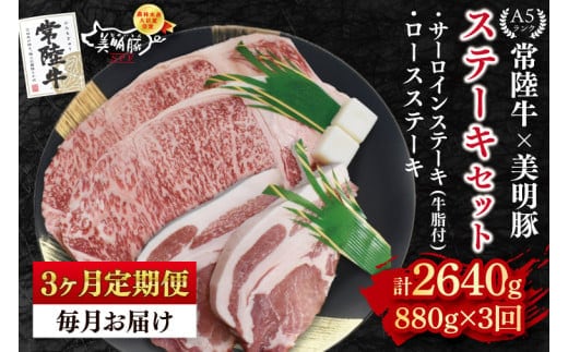 【3ヶ月定期便】【常陸牛 A5ランク・美明豚ステーキセット】常陸牛サーロインステーキ600g（300g×２枚）＋美明豚ロースステーキ280g（140g×２枚） 冷凍 国産牛 和牛 牛肉 豚肉 ブランド豚 茨城県 水戸市 食べ比べ セット商品 国産 老舗精肉店 (EK-20_1)