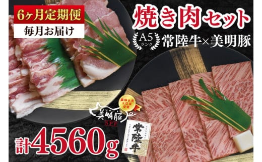 【6ヶ月定期便】【常陸牛 A5ランク・美明豚焼肉セット】常陸牛カルビ360ｇ＋美明豚400ｇ（ロース200ｇ・ばら200ｇ） 冷凍 国産牛 和牛 牛肉 豚肉 ブランド豚 茨城県 水戸市 食べ比べ セット商品 国産 BBQ 老舗精肉店（EK-23_2）