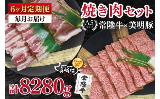 【6ヶ月定期便】【常陸牛 A5ランク・美明豚焼肉セット】常陸牛カルビ780ｇ＋美明豚600ｇ（ロース300ｇ・ばら300ｇ） 冷凍 国産牛 和牛 牛肉 豚肉 ブランド豚 茨城県 水戸市 食べ比べ セット商品 国産 BBQ 老舗精肉店（EK-24_2）