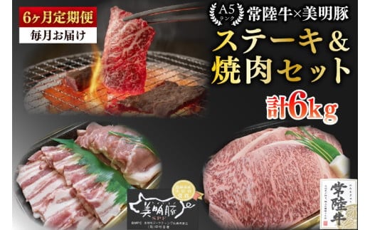 【6ヶ月定期便】【常陸牛 A5ランク・美明豚ステーキ焼肉セット】常陸牛サーロイン600ｇ（300ｇ×２枚）＋美明豚400ｇ（ロース200ｇ・ばら200ｇ）【冷凍 国産牛 和牛 牛肉 豚肉 ブランド豚 茨城県 水戸市 食べ比べ セット商品 国産 BBQ】（EK-35_2）