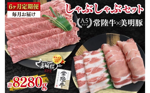 【6ヶ月定期便】【常陸牛 A5ランク・美明豚しゃぶしゃぶセット】常陸牛肩ロース780ｇ＋美明豚600ｇ（ロース300ｇ・ばら300ｇ） 冷凍 国産牛 和牛 牛肉 豚肉 ブランド豚 茨城県 水戸市 食べ比べ セット商品 国産 老舗精肉店（EK-30_2）
