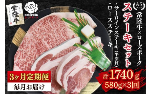 【3ヶ月定期便】【常陸牛 A5ランク・ローズポークステーキセット】常陸牛サーロインステーキ300g＋ローズポークロースステーキ280g（140g×２枚） 冷凍 国産牛 和牛 牛肉 豚肉 ブランド豚 茨城県 水戸市 食べ比べ セット商品 国産 老舗精肉店 (EK-44_1)