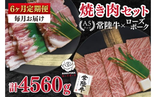 【6ヶ月定期便】【常陸牛 A5ランク・ローズポーク焼肉セット】常陸牛カルビ360ｇ＋ローズポーク400ｇ（ロース200ｇ・ばら200ｇ） 冷凍 国産牛 和牛 牛肉 豚肉 ブランド豚 茨城県 水戸市 食べ比べ セット商品 国産 BBQ 老舗精肉店（EK-48_2）