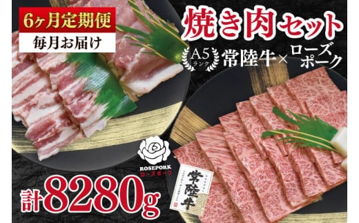 【6ヶ月定期便】【常陸牛 A5ランク・ローズポーク焼肉セット】常陸牛カルビ780ｇ＋ローズポーク600ｇ（ロース300ｇ・ばら300ｇ） 冷凍 国産牛 和牛 牛肉 豚肉 ブランド豚 茨城県 水戸市 食べ比べ セット商品 国産 BBQ 老舗精肉店（EK-49_2）