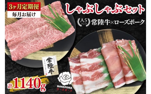 【3ヶ月定期便】【常陸牛A5ランク・ローズポークしゃぶしゃぶセット】常陸牛肩ロース180ｇ＋ローズポーク200ｇ（ロース100ｇ・ばら100ｇ）【 冷凍 国産 和牛 豚肉 ブランド豚 茨城県 水戸市 食べ比べ セット商品 国産 老舗精肉店】(EK-53_1)